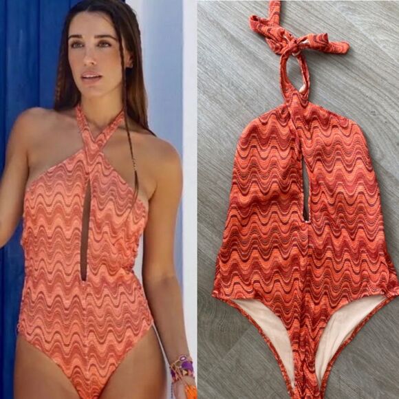 ZARA NWT Retro Wavy Print Halter One Piece Swimsuit Large Boho Keyhole Plunge - Picture 1 of 16